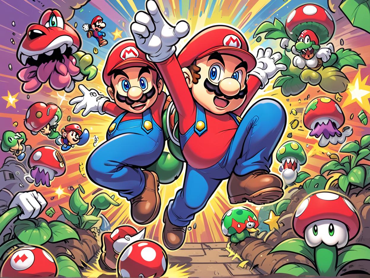  manga artwork generate a high quality image of super mario jumping over 2 piranha plants enemies from the official video game and one of them bites his shoe off as he grabs a super star and is in half way of turning into rainbow super star mario, with other half of his body still in his red clothes and normal wear. the setting should be level 1 of super mario brothers 2 video game.. manga artist. manga, highly emotional. best quality, high resolution