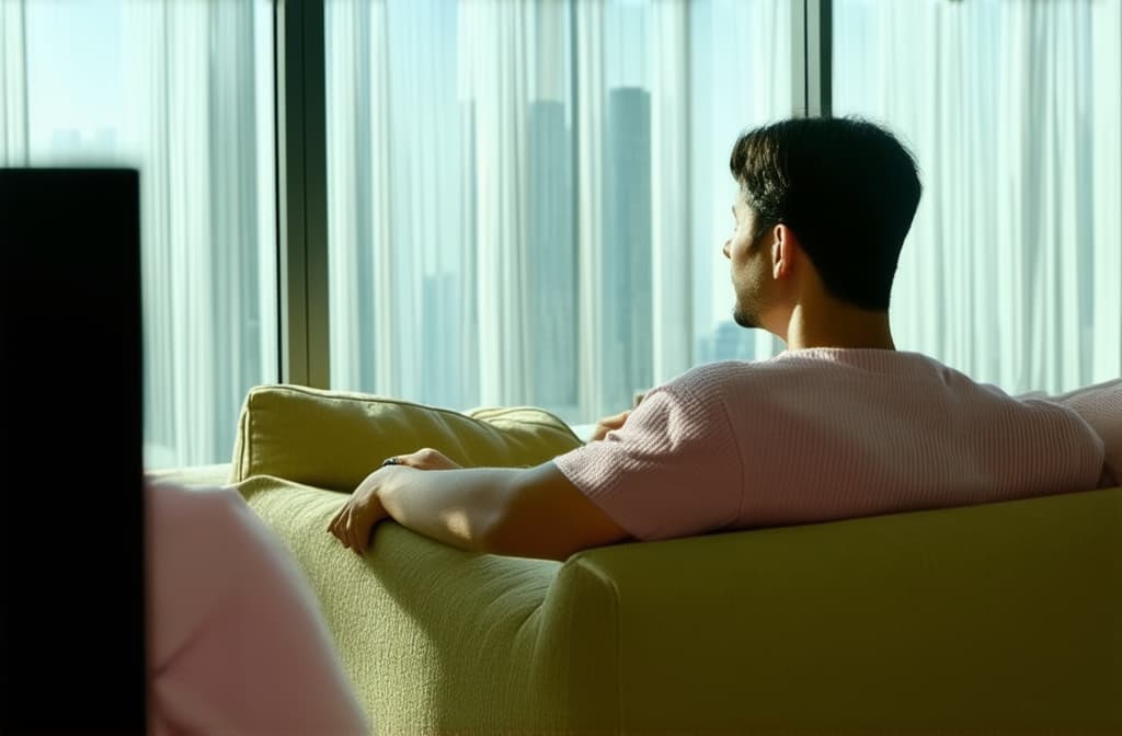  cinematic film style, side view a man and a woman in pastel colored home clothes are sitting on the sofa and watching tv in a bright room in a skyscraper ar 3:2, shallow depth of field, vignette, maximum details, high budget hollywood movie, bokeh, cinemascope, moody, epic, gorgeous, sun rays and shadows on furniture and surfaces, flattering light, raw photo, photography, photorealistic, 8k resolution, f1.4, sharpened focus, sharp focus