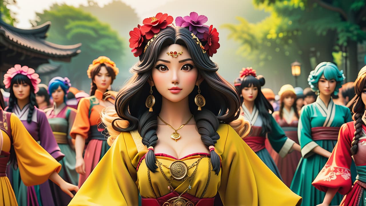  a vibrant display of various anime collectibles featuring intricate clothing designs, showcasing colorful figurines dressed in elaborate costumes with detailed patterns, textures, and accessories, set against a dynamic, stylized background that enhances their unique styles. hyperrealistic, full body, detailed clothing, highly detailed, cinematic lighting, stunningly beautiful, intricate, sharp focus, f/1. 8, 85mm, (centered image composition), (professionally color graded), ((bright soft diffused light)), volumetric fog, trending on instagram, trending on tumblr, HDR 4K, 8K