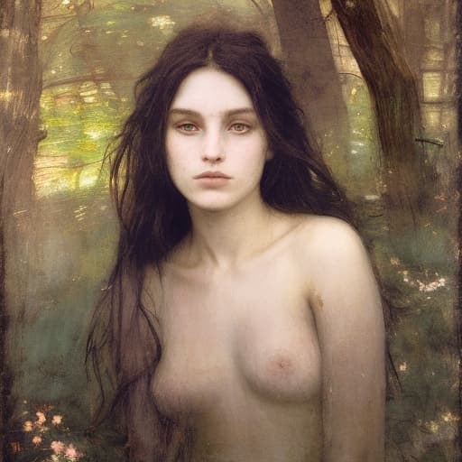 analog style Highly detailed moody dark Portrait of a breathtakingly lovely, wild Witchling nymph deep in the woods painted by John William Waterhouse andRembrandt. She has a beguiling face and is looking directly at the viewer. Her eyes are breathtakingly lovely, engaging and mysterious. She has long, wild, unkempt dark hair. Gorgeous, highly detailed , ornate composition using the golden ratio.