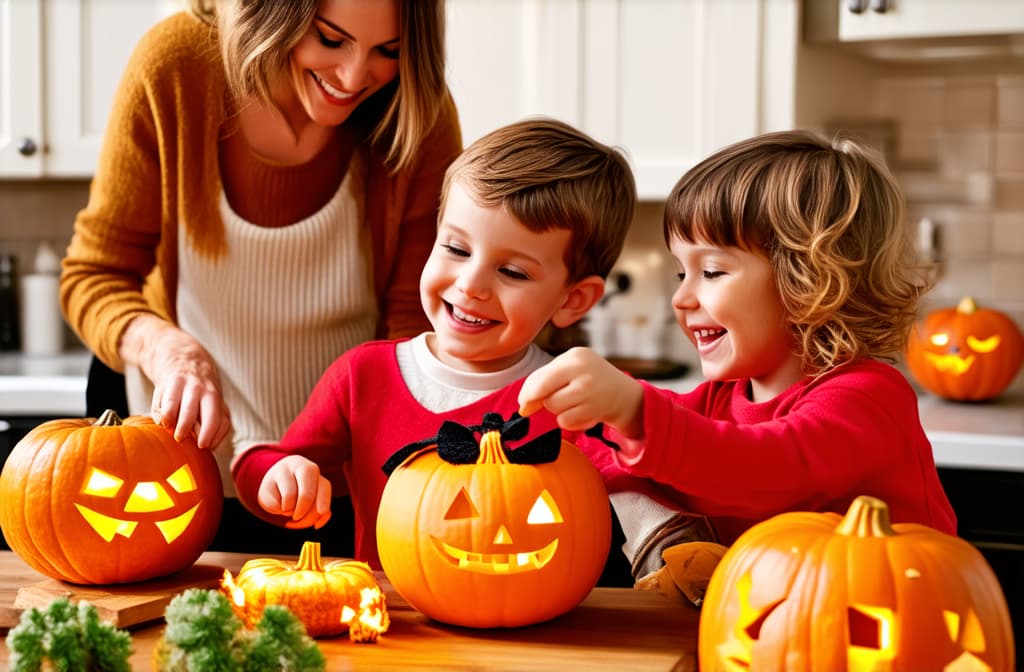  mother and two children carving jack o lanterns on halloween and smiling in cozy kitchen ar 3:2 {prompt}, maximum details