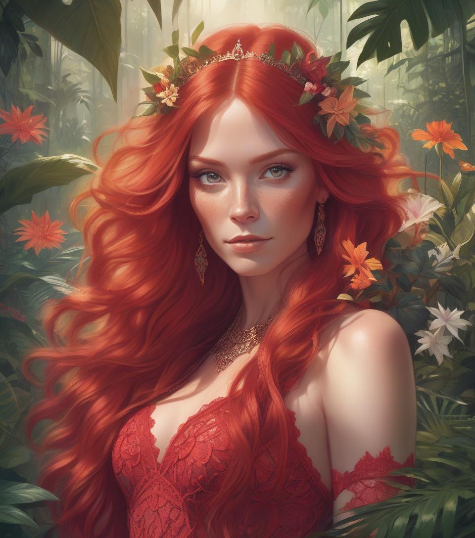  portrait of beautiful red haired bohemian queen wearing red colour lace surrounded by jungle plants and flowers art by mike mayhew and mark brooks and ross tran 8k resolution