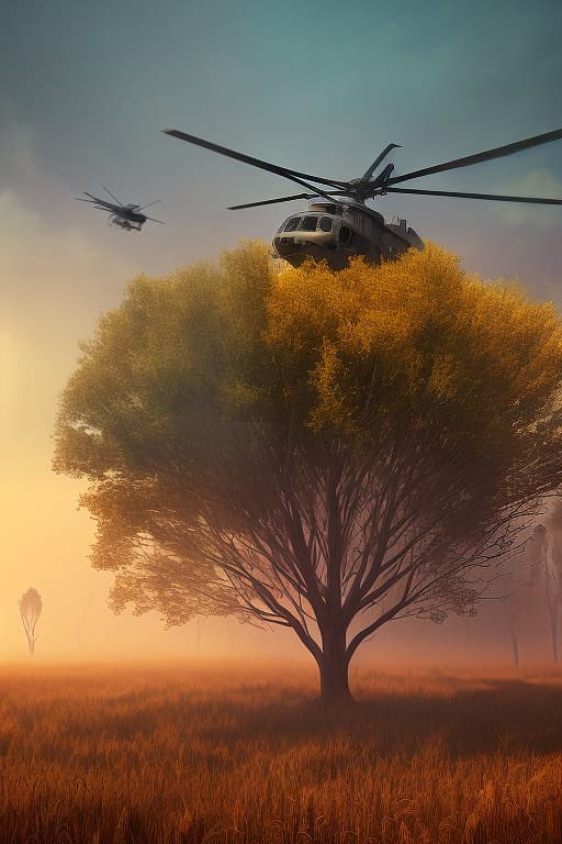  image view: cover for youtube object: tree description of appearance: in the foreground lies a destroyed helicopter in smoke from the game dayz additional elements: in the background is a wheat field, a forest. place: wilderness, australia. effect: the effect of static, harmony, calm, bright colors, lights. bright with an emphasis on the atmosphere of survival horror. color palette bright colors, autumn season.