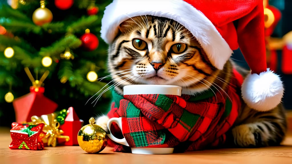  funny cat, wearing a santa hat, wrapped in plaid, drinking coffee, didn't get enough sleep, christmas tree in the background, christmas tree toys lying on the floor, morning not going well, grumpy and frowning, high quality, hyper realistic photo ar 16:9 {prompt}, maximum details