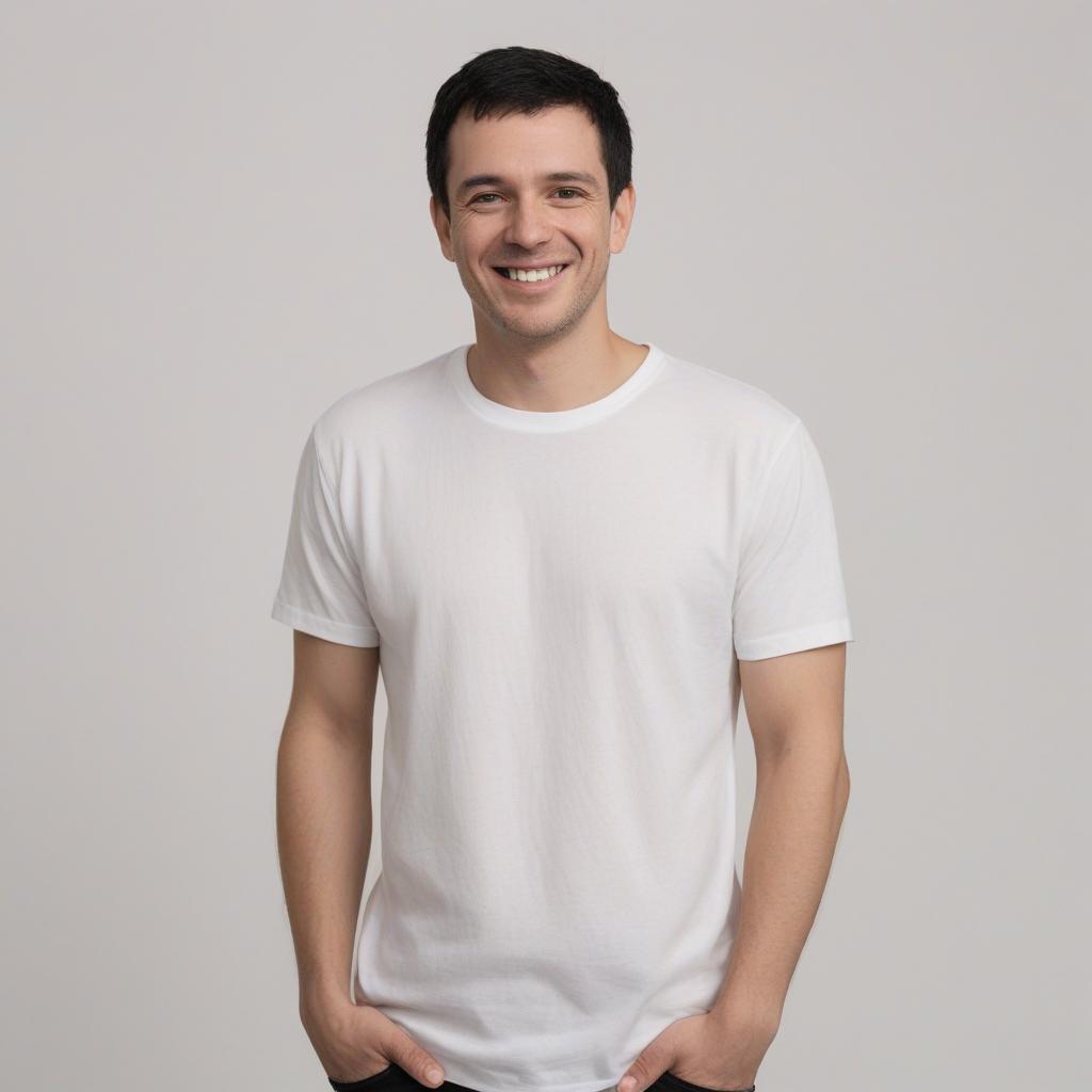  man smiling. the man is wearing casual attire. the man is white, with short black hair hair. the background is blank. his shirt is white