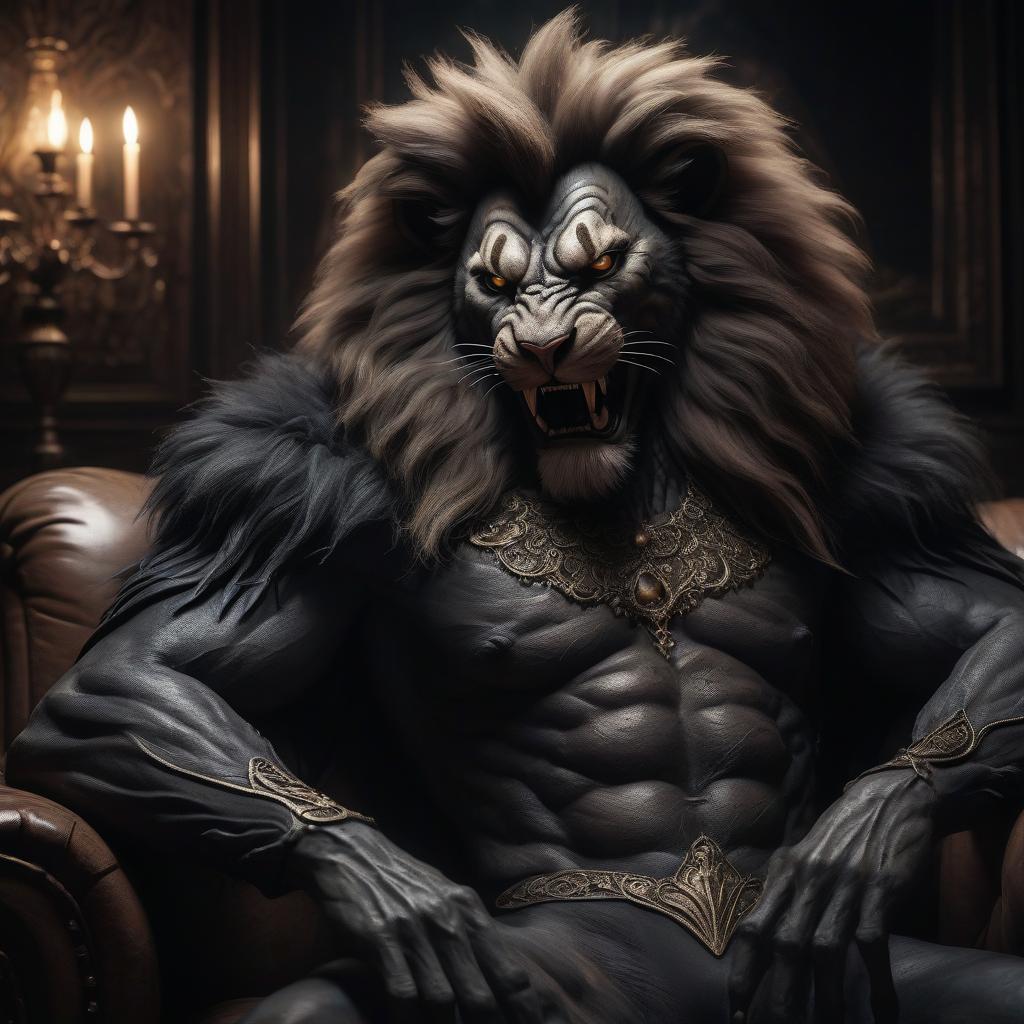  the fusion of black lion man, old and wounded, covered with fur, sitting on the big black and brown couch, he grins maliciously and angry, with intricate details, in the dark empty room, horror theme, natural light, hdr, best quality, highly detailed, masterpiece, perfect anatomy, beautiful and detailed eyes, realistic detailed skin texture, detailed hair, fantasy aesthetic style, realistic light and shadow, real and delicate background