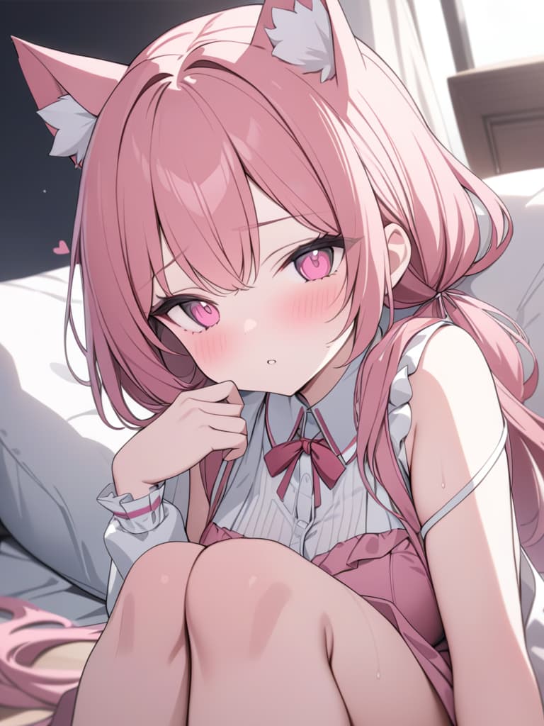  cat ears, cute, pink hair, pink eyes, heart and ribbon in the eyes, masterpiece, best quality,8k,ultra detailed,high resolution,an extremely delicate and beautiful,hyper detail