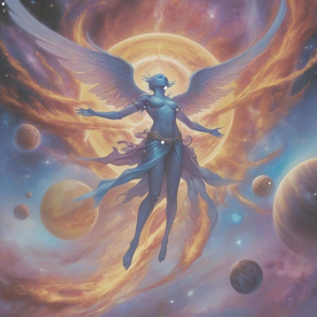  a celestial figure rising above a planet, engulfed in flames of light with outstretched wings, surrounded by swirling galaxies, distant planets, and vibrant nebulas. the space environment glows in shades of blue, purple, and deep black, contrasted by warm yellows and reds radiating from the central figure.