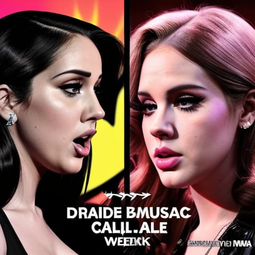  The cover for "Dramatic Music Battle Week" showcases a fierce showdown between two rival teams of iconic artists: Adele, Lana Del Rey, Taylor Swift, Cardi B, and Nicki Minaj on one side, facing off against Justin Bieber, Post Malone, The Weeknd, and Harry Styles on the other. Lightning bolts and sound waves explode between them in a burst of color and energy, capturing the intensity of the musical clash. The bold title "Dramatic Music Battle Week" crowns the scene, hinting at an epic, unforgettable battle of styles and sounds.