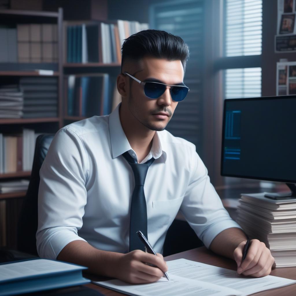  Describe the atmosphere of a cozy office where a man is sitting in an easy chair surrounded by stacks of books and papers on a table. A calendar on the wall shows a lot of unfinished business, and a cup of coffee stands next to a computer screen that displays non-work-related activities. The tired but thoughtful face of a man considering his plans. The image is in the Cyberpunk style. Cyberpunk Image Format