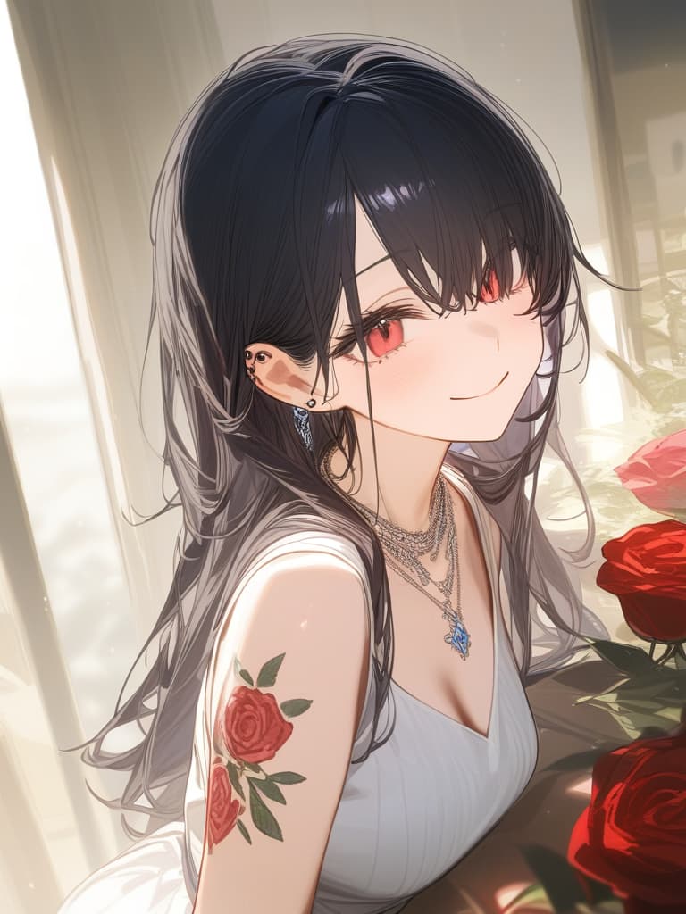  long hair, black hair, hair tips are pink, red eyes, hanging eyes, bangs lengths, smiles, adults, adult faces, piercings, necklaces, hair are light pink, black, thin makeup, arms. contains a red rose tattoo, a rose tattoo on the arm, a hidden eye, masterpiece, best quality,8k,ultra detailed,high resolution,an extremely delicate and beautiful,hyper detail