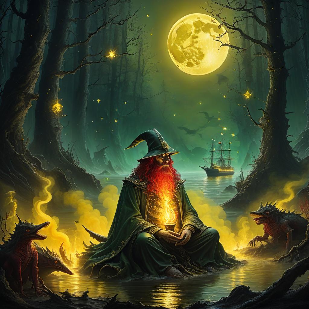  nautical themed in a gloomy forest, a greasy toothed sorcerer sits and looks at the fiery creatures shrouded in yellow smoke with red threads green sparks moon stars rays of white light . sea, ocean, ships, maritime, beach, marine life, highly detailed