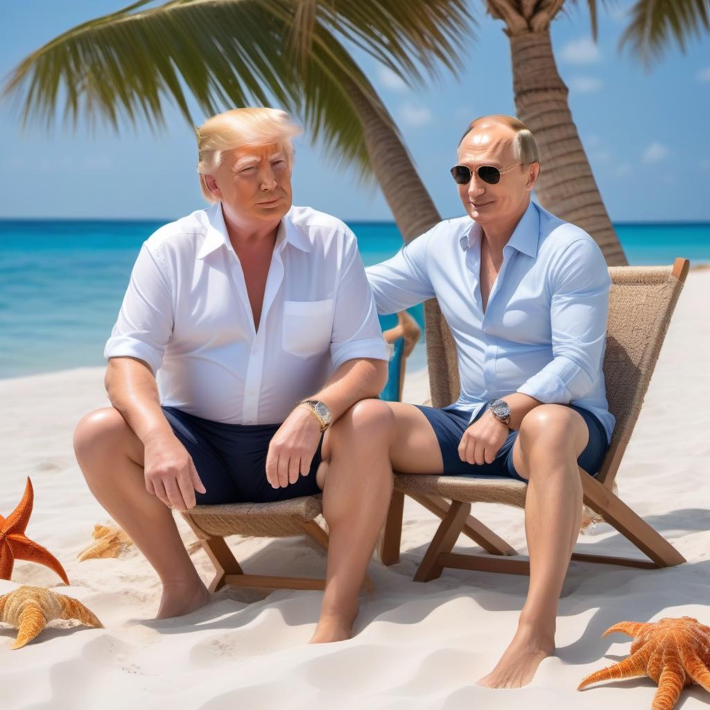  Donald Trump and Vladimir Putin on vacation by the sea, on sun beds, in shirts and shorts , a mug of beer in hand, sand , crabs , shells , starfish , palm trees, very beautiful nature, high detail, quality 50000K