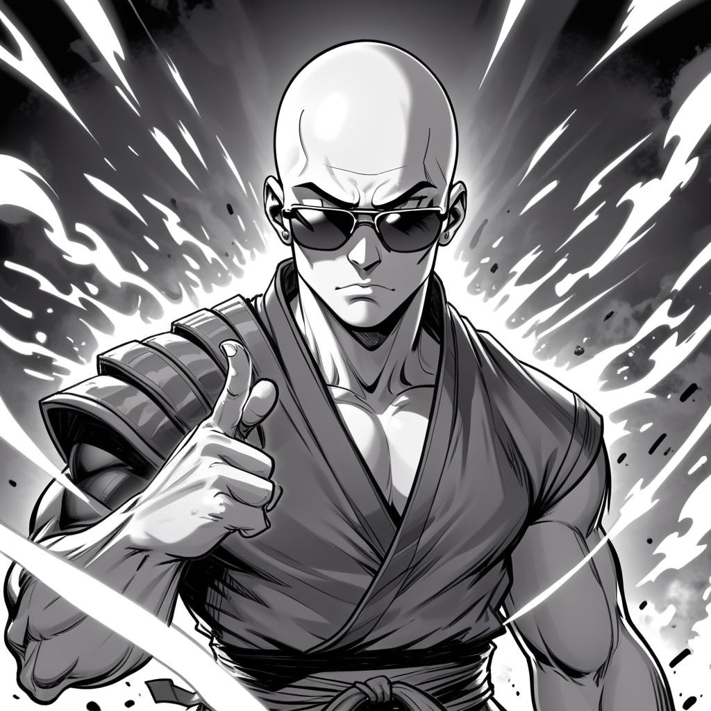  manga artwork a male young bald monk,he has johnny cage appearance,make him serious with some menacing aura around him,draw him manga style black and white during a impact frame,he wears sun glasses impact frames. manga artist. manga, highly emotional. best quality, high resolution