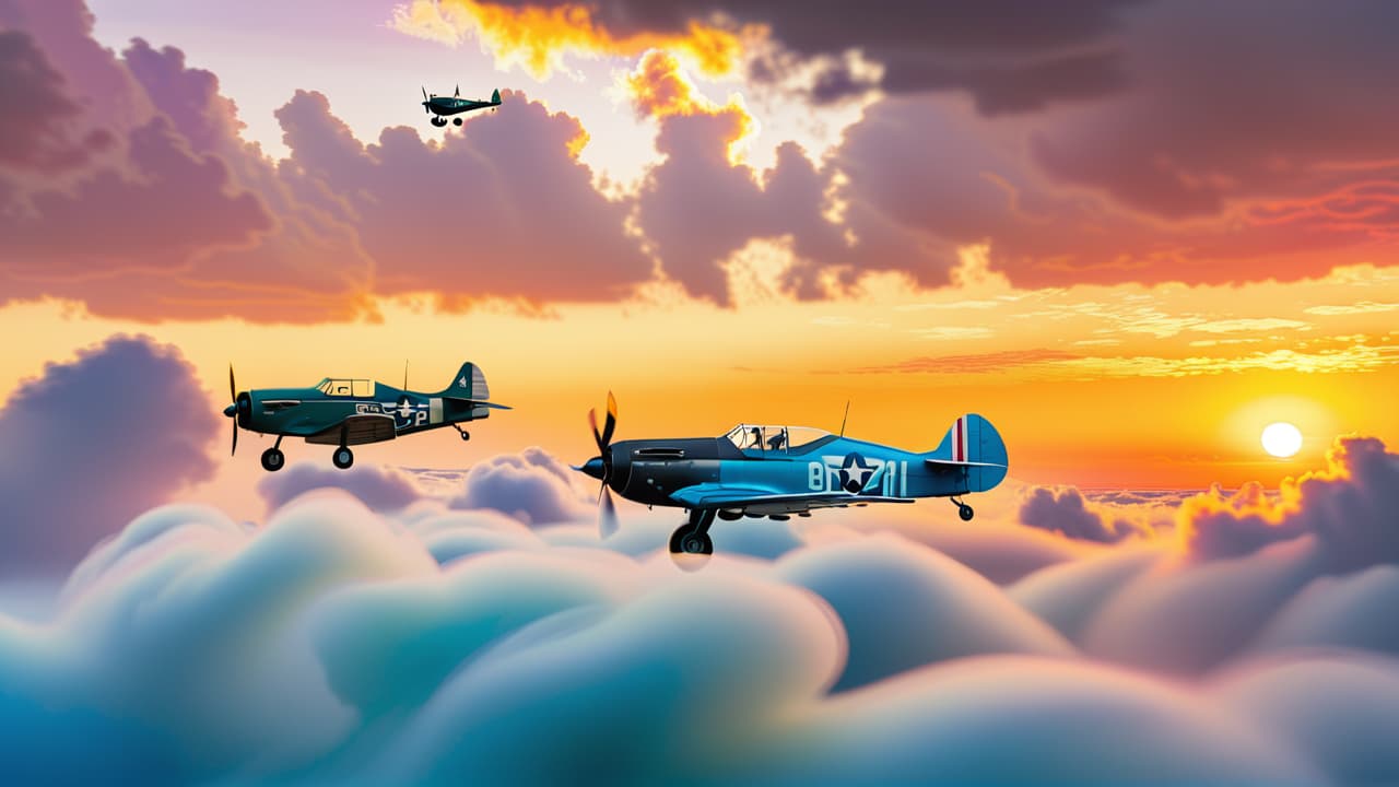  a timeline of aviation evolution, showcasing early wooden biplanes, sleek wwii fighters, and modern commercial jets soaring through a vibrant sky, with each aircraft transitioning smoothly into the next, surrounded by clouds and a golden sunset. hyperrealistic, full body, detailed clothing, highly detailed, cinematic lighting, stunningly beautiful, intricate, sharp focus, f/1. 8, 85mm, (centered image composition), (professionally color graded), ((bright soft diffused light)), volumetric fog, trending on instagram, trending on tumblr, HDR 4K, 8K