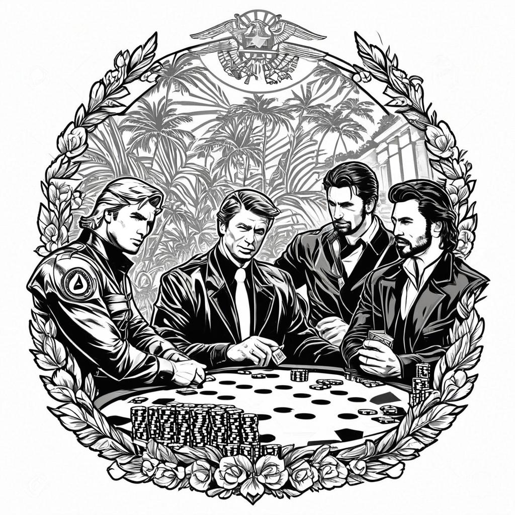  trump, captain america, tony montana, and jesus playing poker vector tee graphic no background,(tattoo), tattoo design