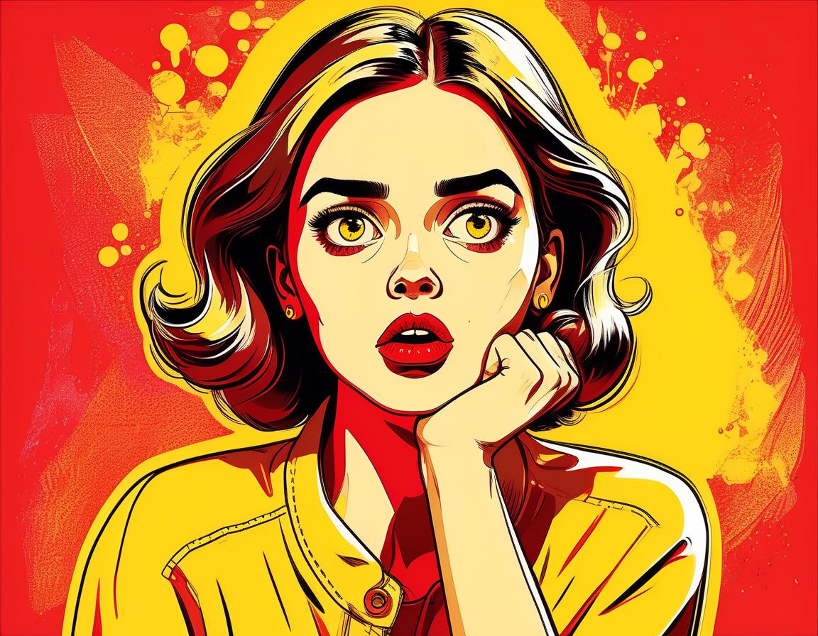  pop art style the girl has a thoughtful surprised face, she stands on a red background in yellow clothes, girl illustration sketch sketch . bright colors, bold outlines, popular culture themes, ironic or kitsch