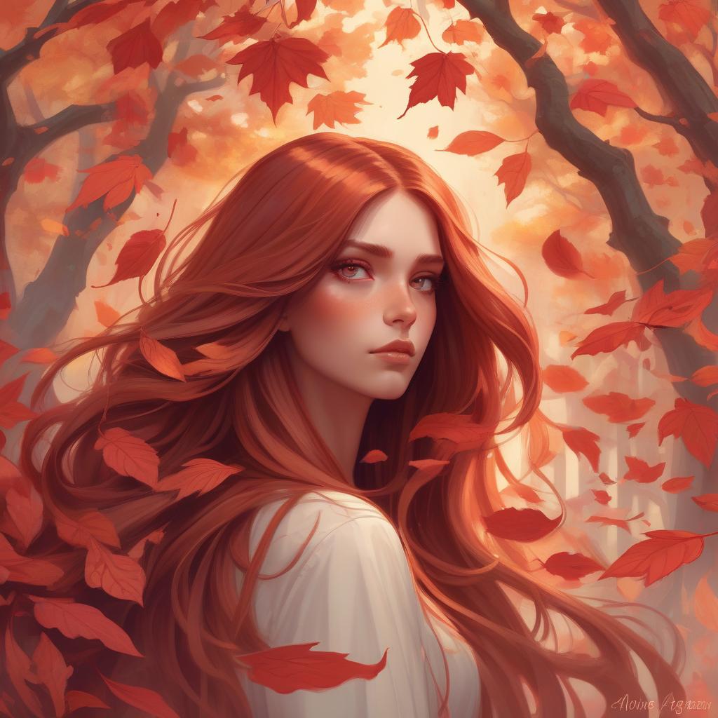  concept art girl with super long hair, hair becoming autumn red leaves, digital painting, detailed eyes, art by artgerm and greg rutkowski and alphonse mucha . digital artwork, illustrative, painterly, matte painting, highly detailed