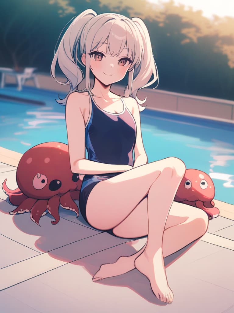  women's elementary students, twin tails, cute smiles, rich s, low stages, dark blue swimwear, old swimwear, swimwear, male, male, shaped clear , shaped clear phimosis,, octopus, male bulge, ), front, whole body, poolside,