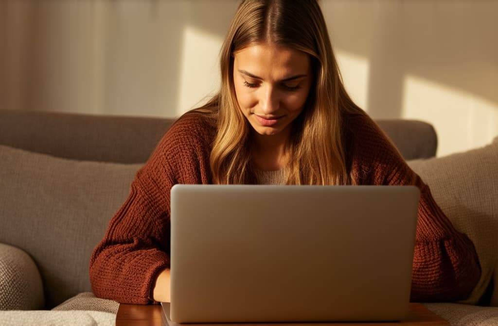  girl working on laptop at home, cozy home style, clear sunny weather ar 3:2, (natural skin texture), highly detailed face, depth of field, hyperrealism, soft light, muted colors