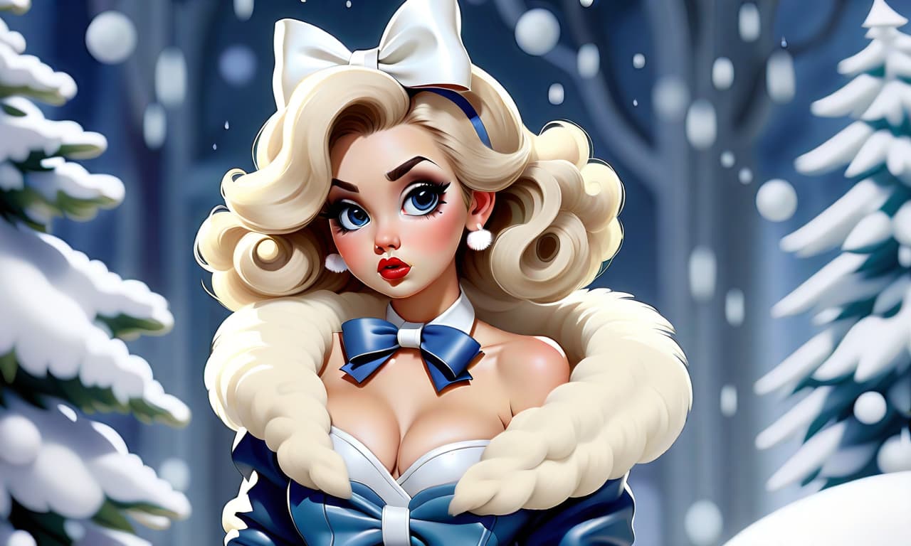  kawaii style "create a painting in the pin up style featuring a young woman with a cute face and makeup. she has light hair styled with large white bows on the sides, from which curly hair flows down. the woman is dressed in a short blue fur coat with a fluffy white fur collar, which accentuates her figure. her arms are extended along her body to mid thigh, with her wrists flared out to the sides. she wears nylon stockings and long white leather high heeled boots, standing as if on her toes. the scene depicts her standing straight in the snow, appearing to shiver from the cold, surrounded by snow and snowdrifts. to her right, there is a fluffy green christmas tree adorned with colorful ornaments and twinkling lights. the snow sparkles and g