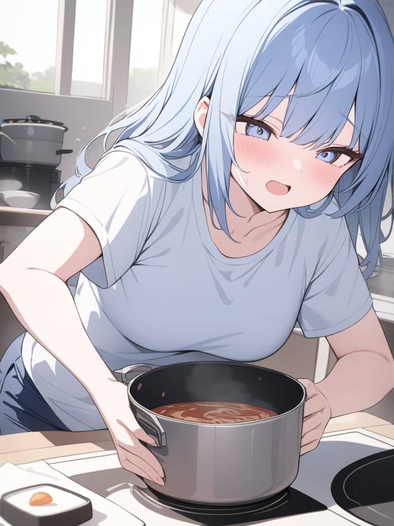  bob hair, light blue, pot, cooking failure, panic, hair light color, masterpiece, best quality,8k,ultra detailed,high resolution,an extremely delicate and beautiful,hyper detail