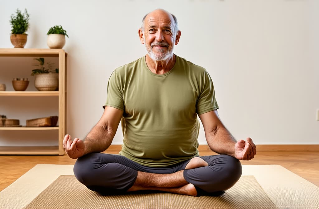  elderly funny man in yoga lotus pose doing meditation, mindfulness practice, spiritual discipline at home or in gym. cute old man sitting on mat and meditating. raster illustration ar 3:2, (natural skin texture), highly detailed face, depth of field, hyperrealism, soft light, muted colors