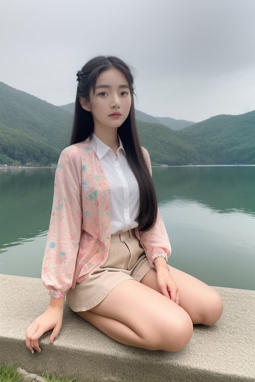  **a full body portrait of a korean girl with long hair and colorful clips, sitting by a serene lake, her expression peaceful as she enjoys the natural beauty, advertising photo,high quality, good proportion, masterpiece , the image is captured with an 8k camera