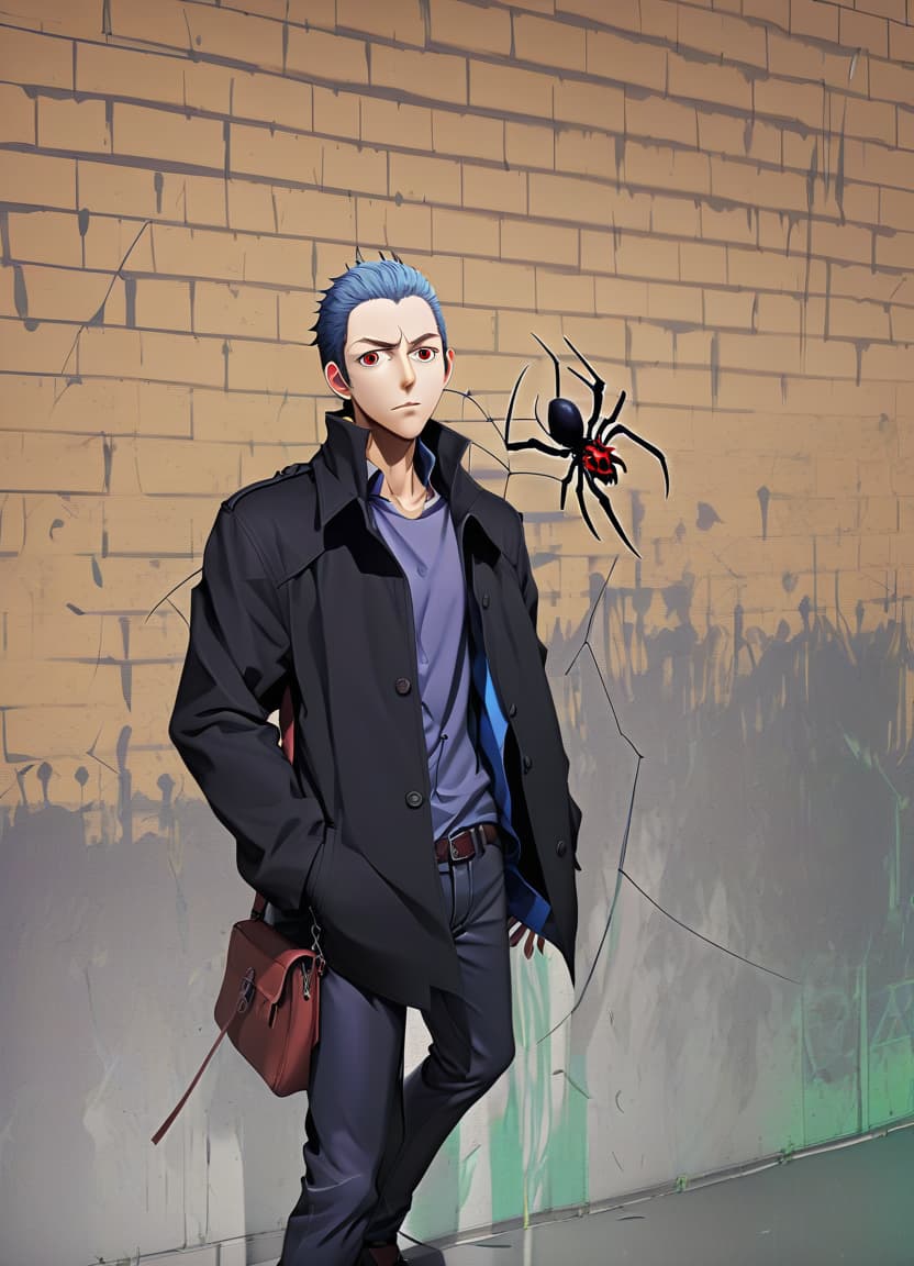  anime artwork make him a man with the lower half of a spider's body . anime style, key visual, vibrant, studio anime, highly detailed