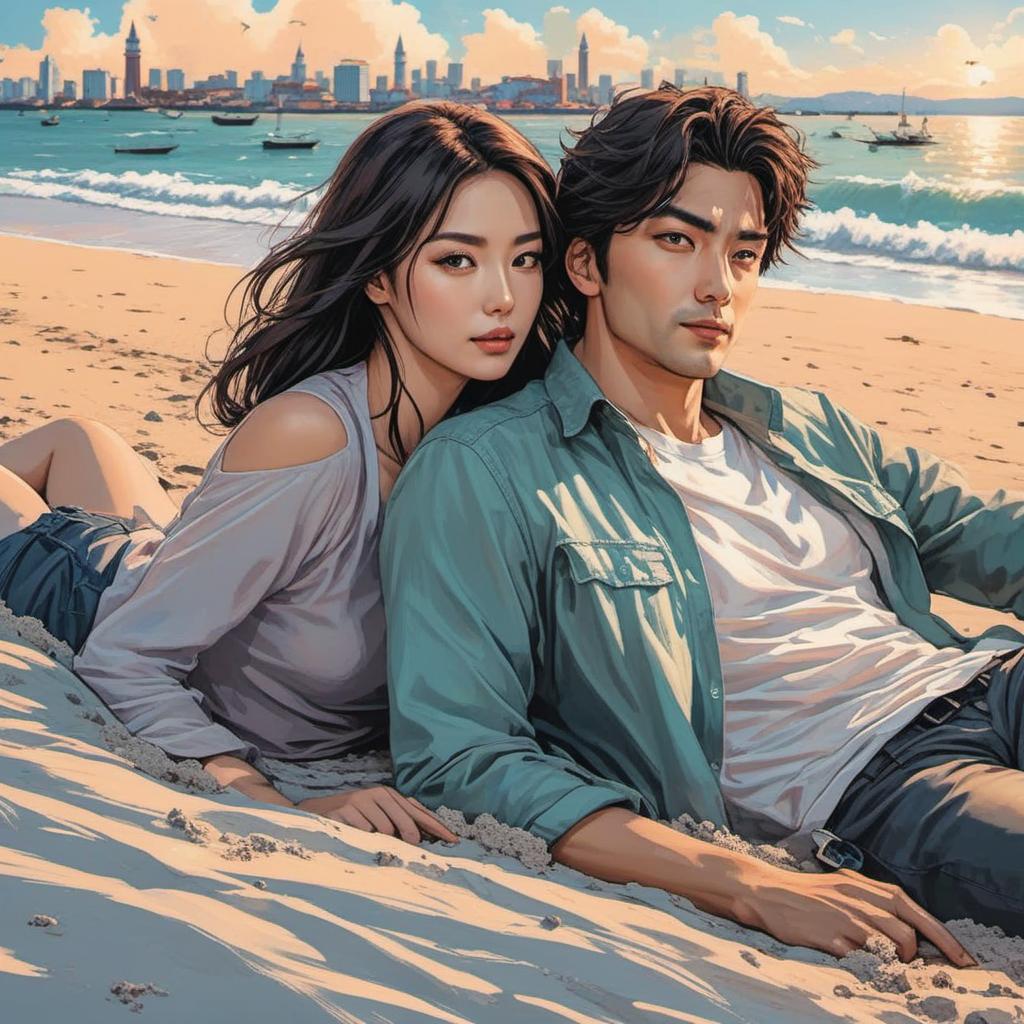  make a picture of a couple at venice beach laying down , comic style, manga and manhwa style, painting style