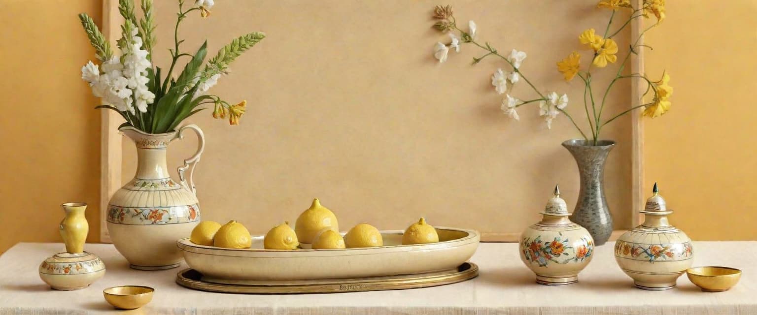  a living room scene with two vases and a decorated tray Желтый фон с тонким индийскими узором, on parchment