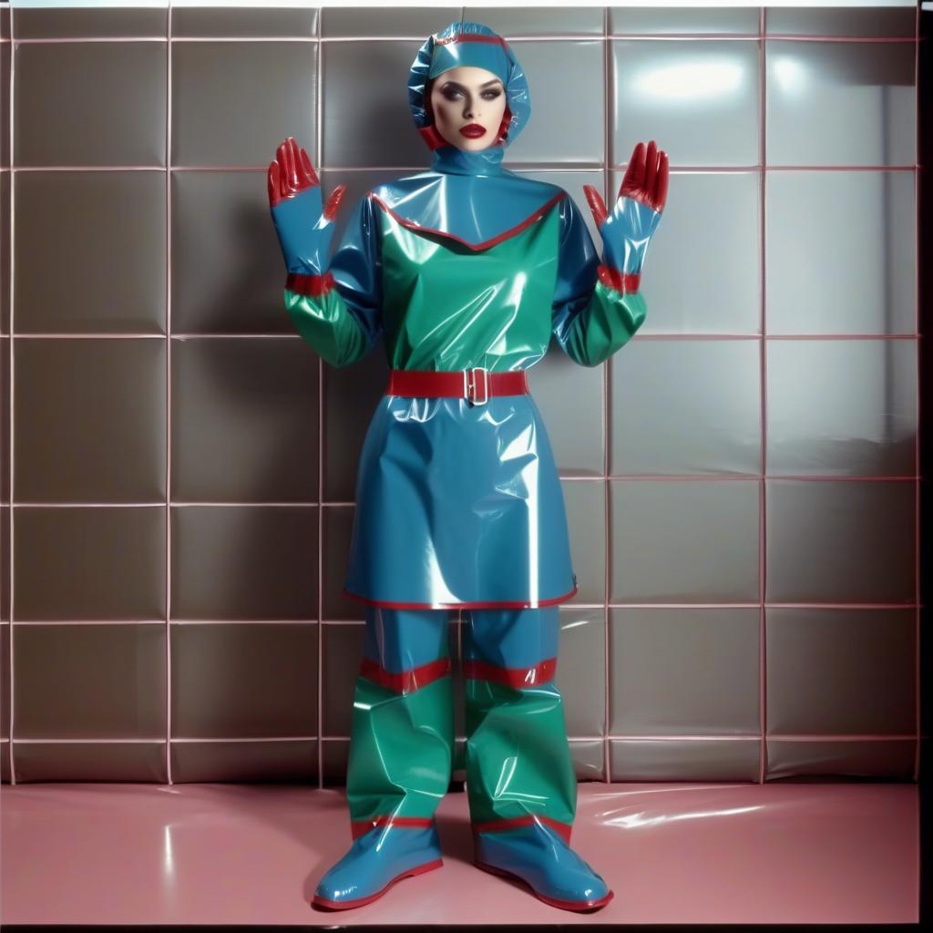  "hyperdetalisation, woman, mistress surgeon, in dressed three color surgical suit, made of glossy latex, standing alone, full length, front view, full face, dressed in, surgical gown, knee length, with elastic waistband, long sleeves, with elastic cuffs, upper part of surgical gown, (from collar to waist), glossy latex dark green, belt at waist, glossy latex red, lower part of surgical gown, (from hem to waist), glossy latex dark blue, in the center of the surgical gown there is an emblem in the form of surgical forceps "burdizzo", upper part of sleeve, (from shoulder to elbow), glossy latex dark blue, lower part of sleeve, (from elbow to cuff), glossy latex dark green, cuffs on sleeve, glossy latex red, (bib with collar), made of glossy d