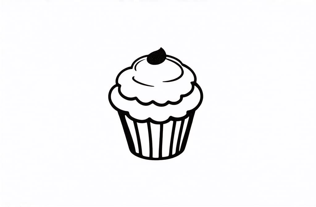  contour, very simple image in one unbroken black ink line, single line of muffin, engraving illustration, icon isolated on white ar 3:2 using a single continuous black line ink brushon white background, drawing should be created without lifting the pen, recognizable features of muffin, engraving illustration, icon isolated on white ar 3:2 in one unbroken line