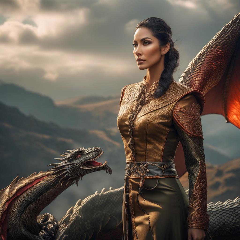  woman with dragon hyperrealistic, full body, detailed clothing, highly detailed, cinematic lighting, stunningly beautiful, intricate, sharp focus, f/1. 8, 85mm, (centered image composition), (professionally color graded), ((bright soft diffused light)), volumetric fog, trending on instagram, trending on tumblr, HDR 4K, 8K