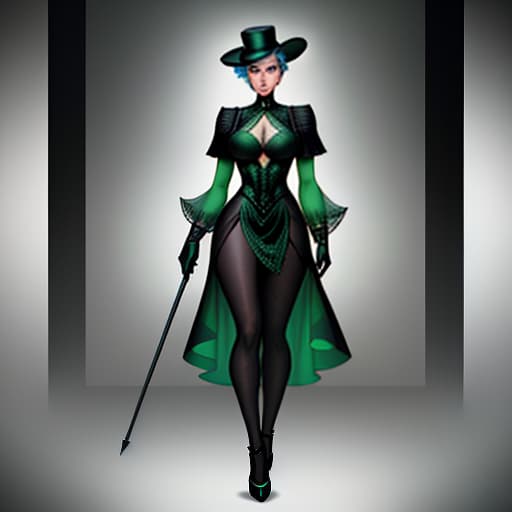  a woman, short hair, green eyes, a green dress of the viktorian era, a black hat, black gloves, a cane in her hands, a deep decolt, a black cat on his shoulder hyperrealistic, full body, detailed clothing, highly detailed, cinematic lighting, stunningly beautiful, intricate, sharp focus, f/1. 8, 85mm, (centered image composition), (professionally color graded), ((bright soft diffused light)), volumetric fog, trending on instagram, trending on tumblr, HDR 4K, 8K