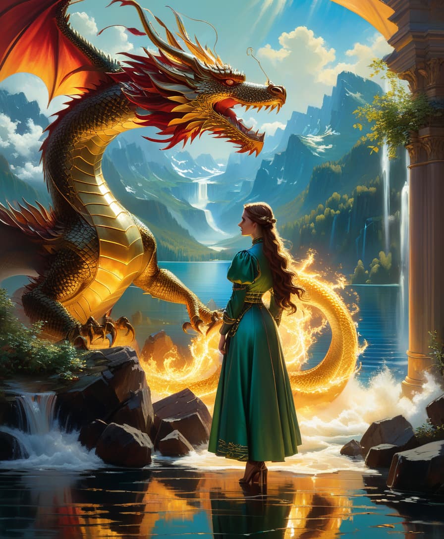  an intricate and detailed oil painting inspired by the works of john singer sargent and jan van eyck, depicting a girl standing on the shore of a lake with a majestic dragon flying in the background. the composition is filled with symbolism and hidden meanings, creating an intriguing narrative that the audience will have to unravel. the use of rich colors and textures gives the work depth, making it truly mesmerizing. this masterpiece is sure to be admired by art lovers all over the world., hkmagic, glowneon