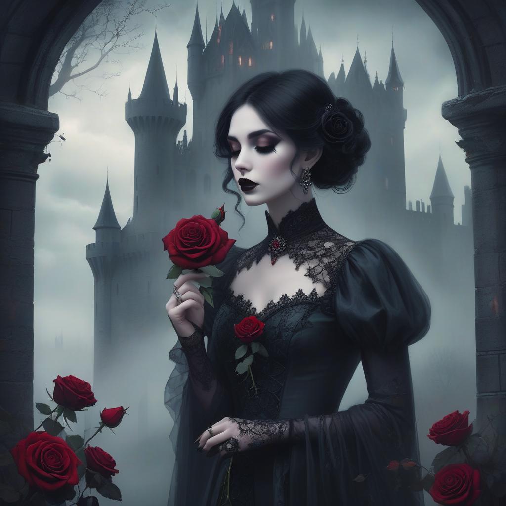  a gothic styled woman holds a rose to her nose against a misty castle backdrop, exuding mystery and elegance. a gothic woman with dark, styled hair leans in to touch a black rose with deep red accents, her eyes closed in contemplation. she wears intricate lace attire, complete with lavish earrings. the background features a misty, ethereal landscape with faint, shadowy castle silhouettes, enveloped in greenish hues, enhancing the mysterious atmosphere.