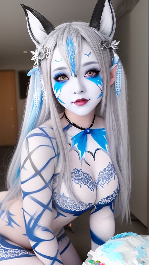  White and blue bat pattern body paint in every corner of the body, silver body paint all over the body, Grey face paint on the face, Two elfs, full body image 女性