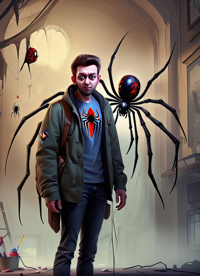  concept art make him a spider body instead of his legs . digital artwork, illustrative, painterly, matte painting, highly detailed