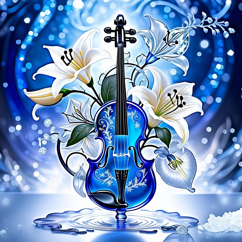  dreamscape ((crystal violin key shaped glass1,7)) :champagne with ice cubes.((greeting card)). postcard design: platinum black with ((decorated with silver swirls, winter fantasy style monograms 1,3)) . (in the centre of the card is a fancy silver framed treble clef). ((back background):fancy frosty fog and hoarfrost. ((bouquet of white lilies and blue roses with veins of frozen water 1,2)) (bouquet colour): silver white, silver blue, silver pink, grey white, blue tinged. ((background colour)) silver grey, silver blue, silvery blue, silvery peach. ((style)):fantasy, design art, retro, postcards. (style):fantasy, retro, advertising, art design. . surreal, ethereal, dreamy, mysterious, fantasy, highly detailed, civitai, hkmagic