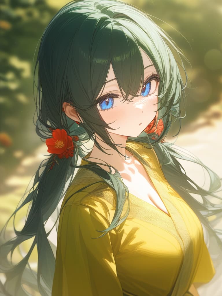  blue eyes, dark green hair, yellow green kimono, red flowers, low twin tails, patsuttan bangs, masterpiece, best quality,8k,ultra detailed,high resolution,an extremely delicate and beautiful,hyper detail