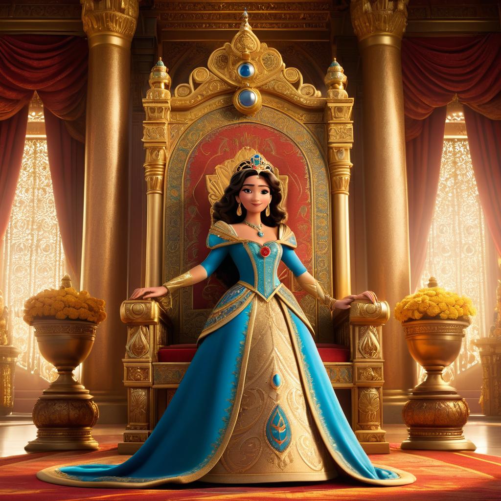  in 3d animated movie style. disney pixar style. laila, a fierce old in royal attire, stands before a majestic throne inside a grand palace with intricate tapestries. high resolution pixar 3d animated style with warm lighting accentuating the palace's golden tones. low angle shot highlights laila's confident and regal demeanor.