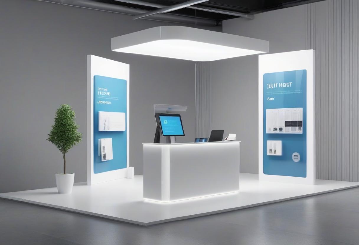  a 3d illustration of a modern sales point stand, clean and minimalistic design, with a smooth, glossy surface, under soft, studio lighting, high resolution.