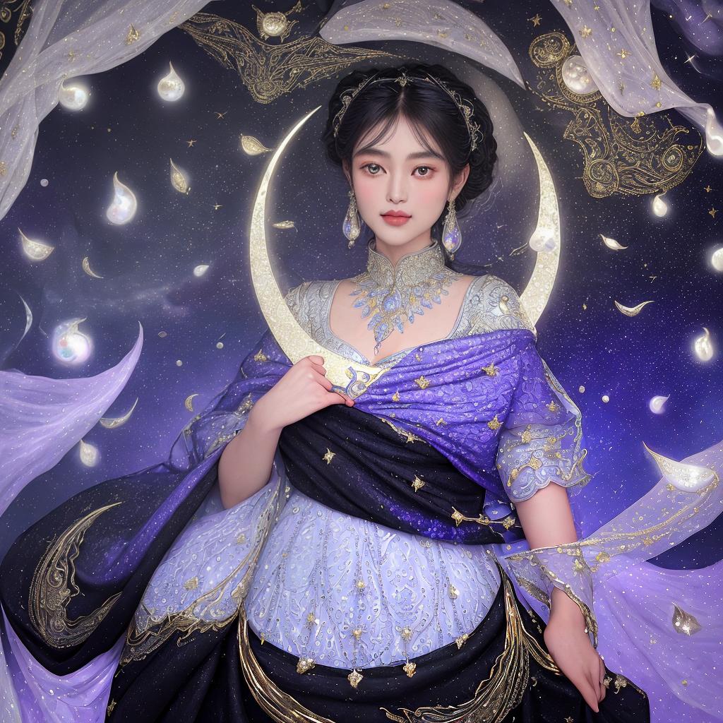  masterpiece, best quality, Hyperdetailed extremely high resolution illustration of a crescent moon surrounded by intricate patterns. The moon features a textured surface with a shimmering mother-of-pearl effect, adorned with small glowy stars and celestial elements. Below the moon, delicate dangling elements including shiny deep violet and indigo gems and teardrops create an elegant, flowing composition. The background is made of shimmering pearlescent black silk, extremely detailed intricate masterpiece elaborate high resolution