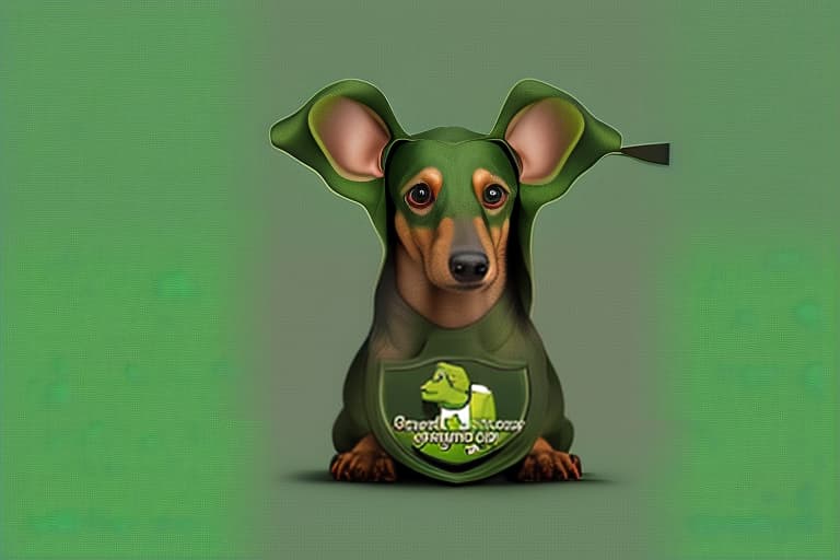  green dachshund with shrek ears, office core, location swamp, realistic, conventional, literal, (logo:1.3), vector graphics, brand, design, inspired, (straight:1.3), (symmetrical:0.4)