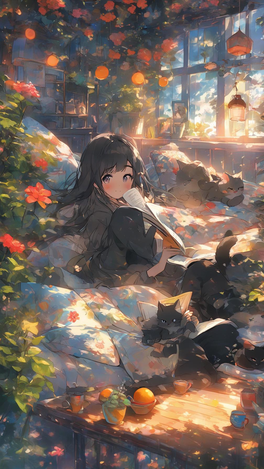  fantasy, illustration, girl, reading, bed, cat, resting, book, imagination, room, table, fruit tray, cup, bowl, crockery, flower pot, plant, corner, shiny tie, ambiance, magical, cozy, relaxing, captivating, whimsical, detailed, 4k, vivid colors, soft light, surrealism highly detailed illustration, sharp details, best quality, 4k, raw photo