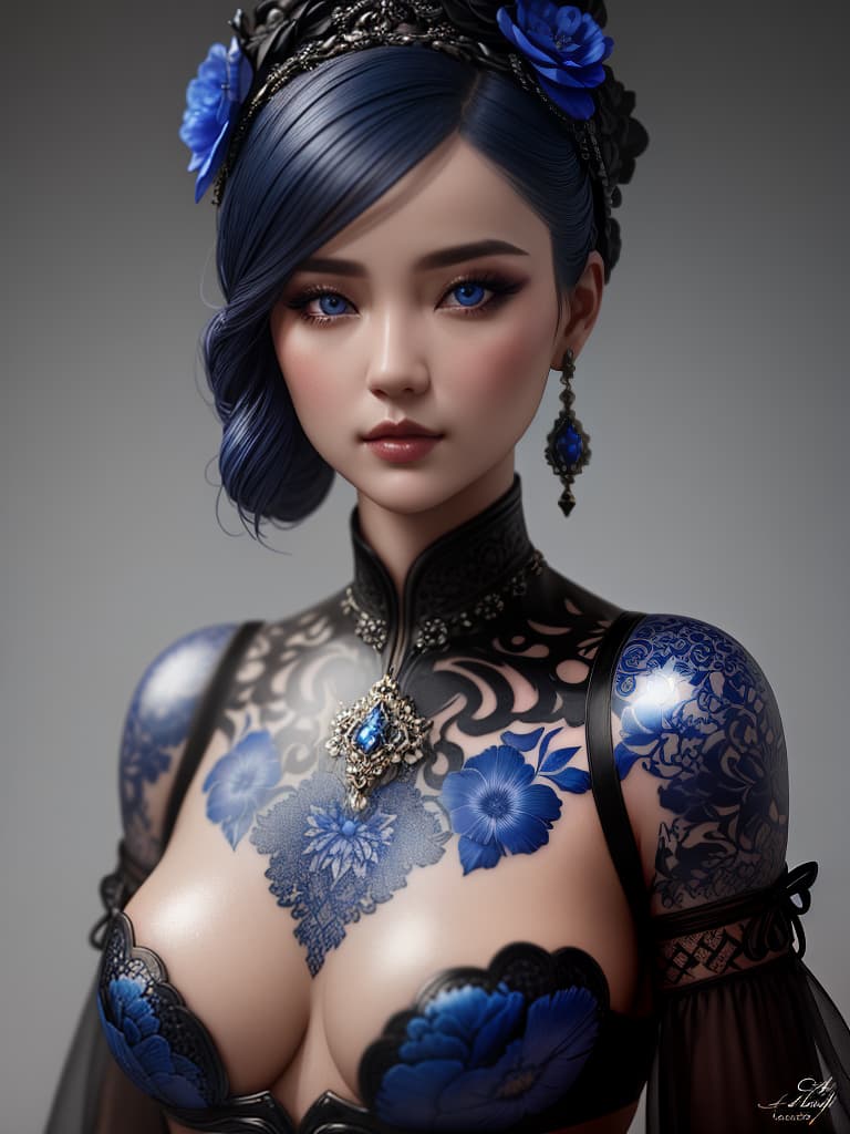  Close-up porcelain female figurine, looking to the camera, glossy surface, glaze, shiny, blue floral tattoos on her, dark gradient background, baroque dark style, hyperrealistic, CG society, intricate details