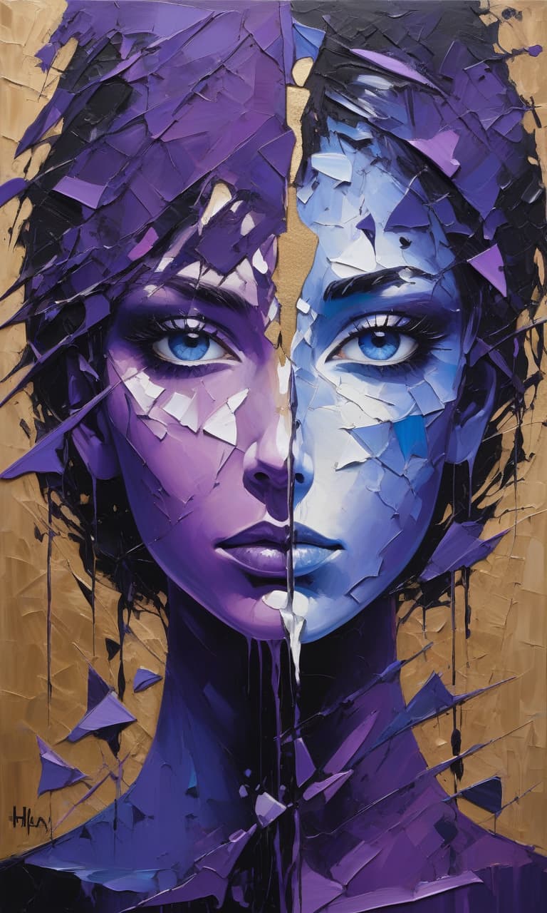  (dynamic palette knife strokes:1.3) create a captivating (diptych:1.2), where the left side radiates in (vibrant purple:1.1) and the right side descends into (deep black:1.2). the (shattered texture:1.3) evokes an unsettling feeling, as a (close up abstract face:1.2) emerges with (piercing blue eyes:1.1) that seem alive. the facial features blend seamlessly into the (canvas texture:1.3), forming a (high quality dark art:1.2) representation of (shattered abstraction:1.3), inviting viewers into a world of emotional depth and complexity.