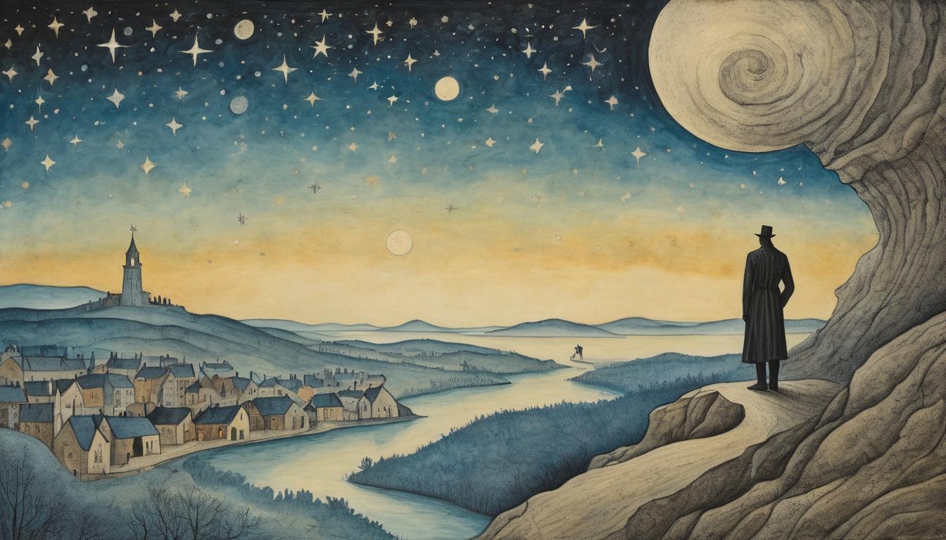  on parchment, surrealism++, a lone figure standing on a cliff above a bustling town, night sky filled with stars, beacon above the world(mysterious, provocative, symbolic)++