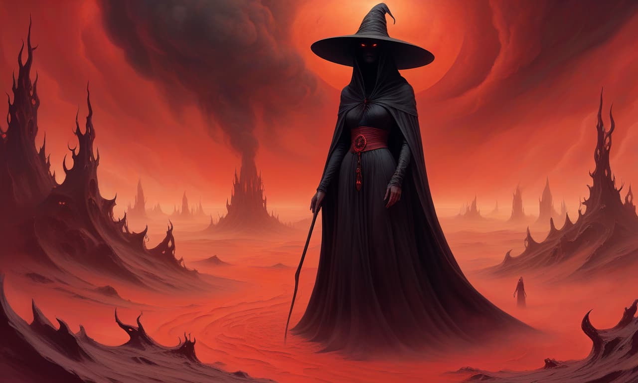  lovecraftian horror a witch in a black shroud. the witch stands in the distance. a pointed hat. a witch in a dynamic pose. red mist. red sandstorm. black sun . eldritch, cosmic horror, unknown, mysterious, surreal, highly detailed